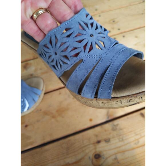 Spring Step Italian Leather Wedge Sandals Size 39/8.5 Blue Floral Cutout Cork - Picture 7 of 9